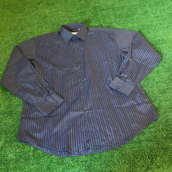 Far East Men's Button Down Long Sleeve Classic Fit Stripes Black Shirt Size 17 - Picture 3 of 11